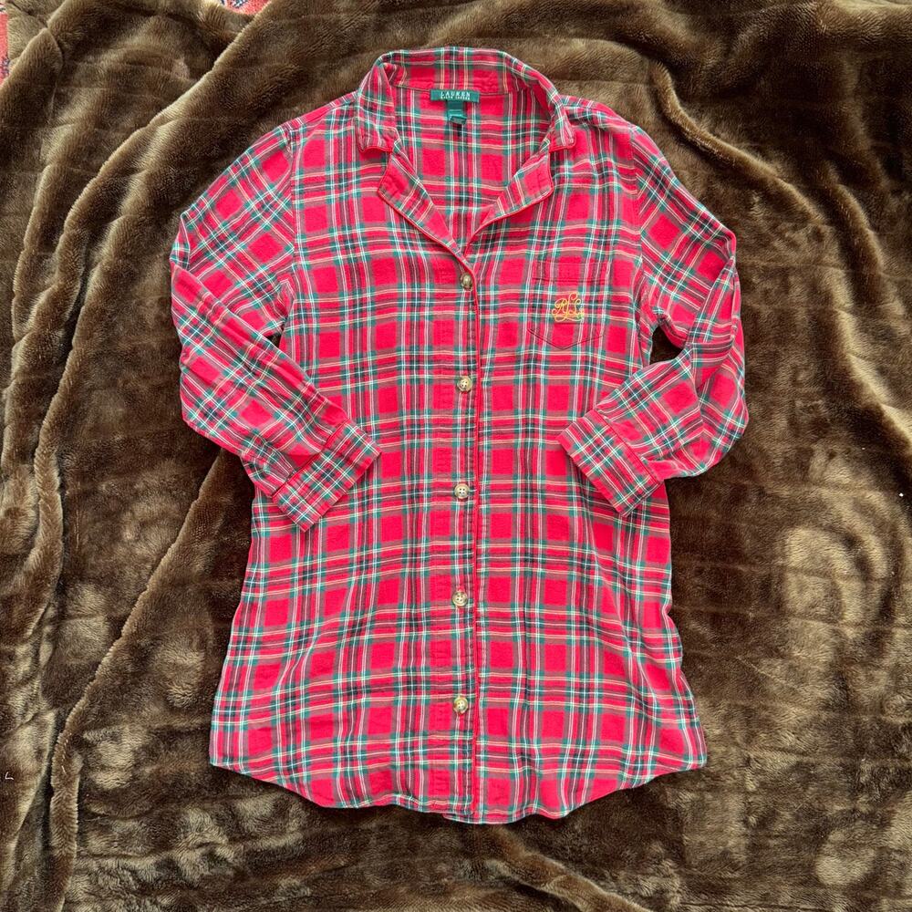 LAUREN Ralph Lauren Women's‎ L Red Plaid Flannel Sleep Shirt Pajama Top
